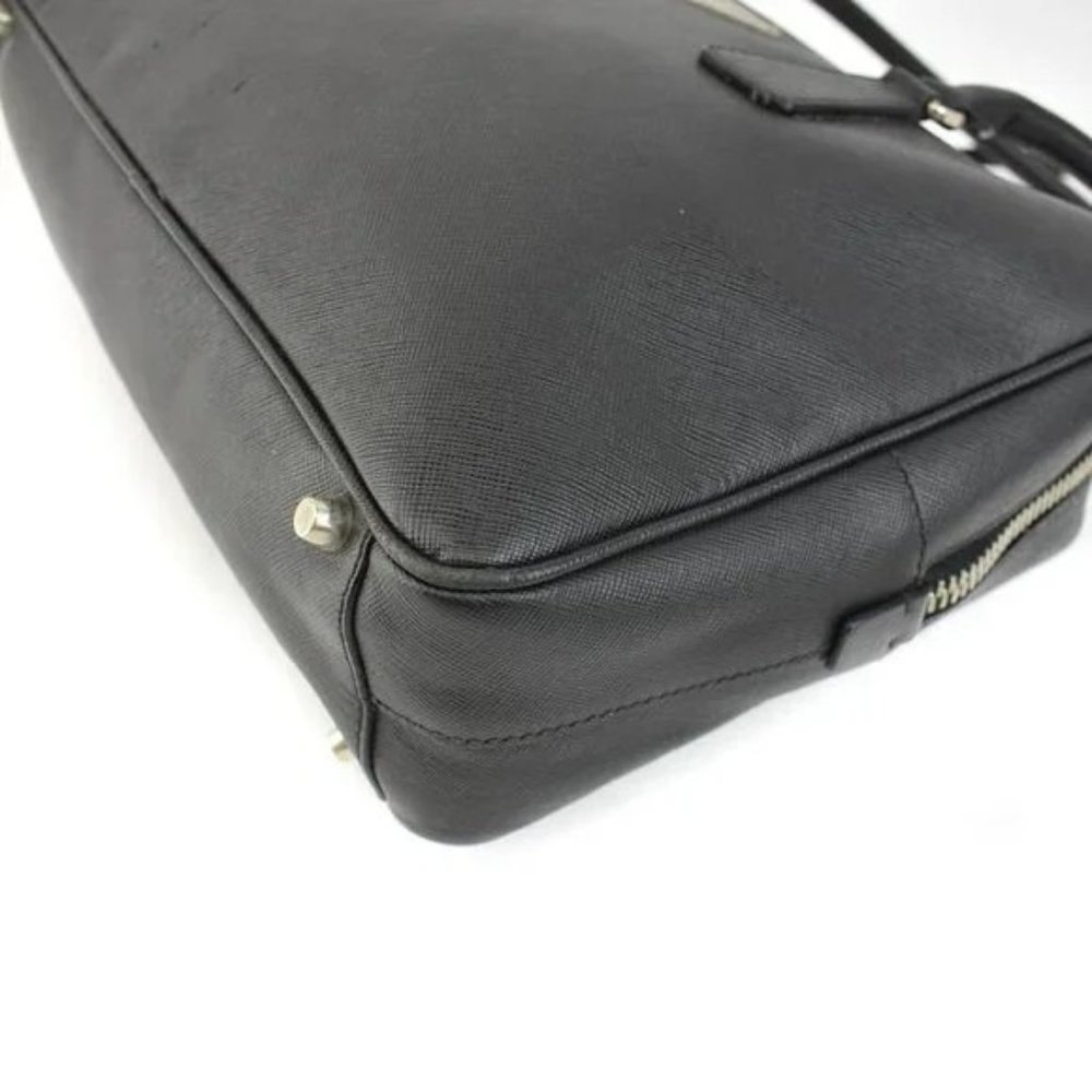 PRADA: Black, Saffiano Leather & Silver Logo Tote Bag - Picture 9 of 12